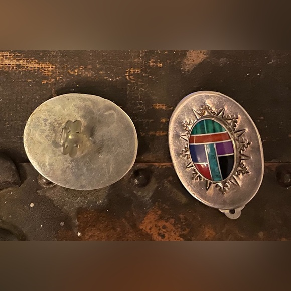 Sterling Silver Southwestern Style Clip Back Earrings with Colored Stone Inset - Picture 6 of 6